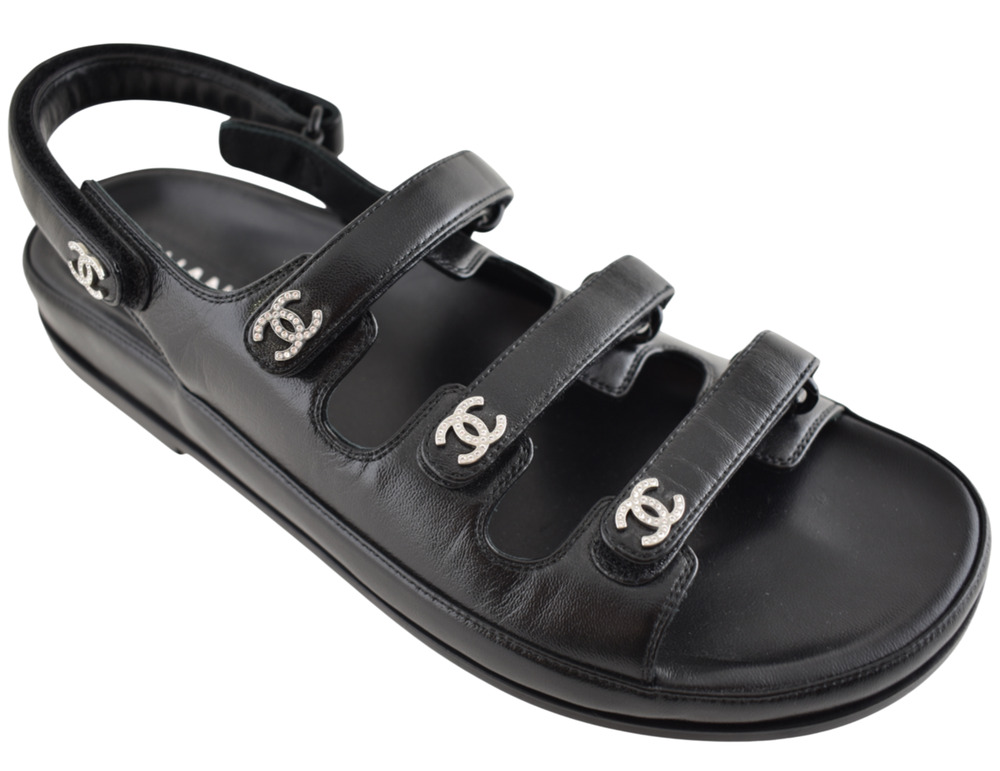 Chanel 24S Black Leather Triple Strap CC Logo Mule Slide Teva Dad Sandal Flat 41